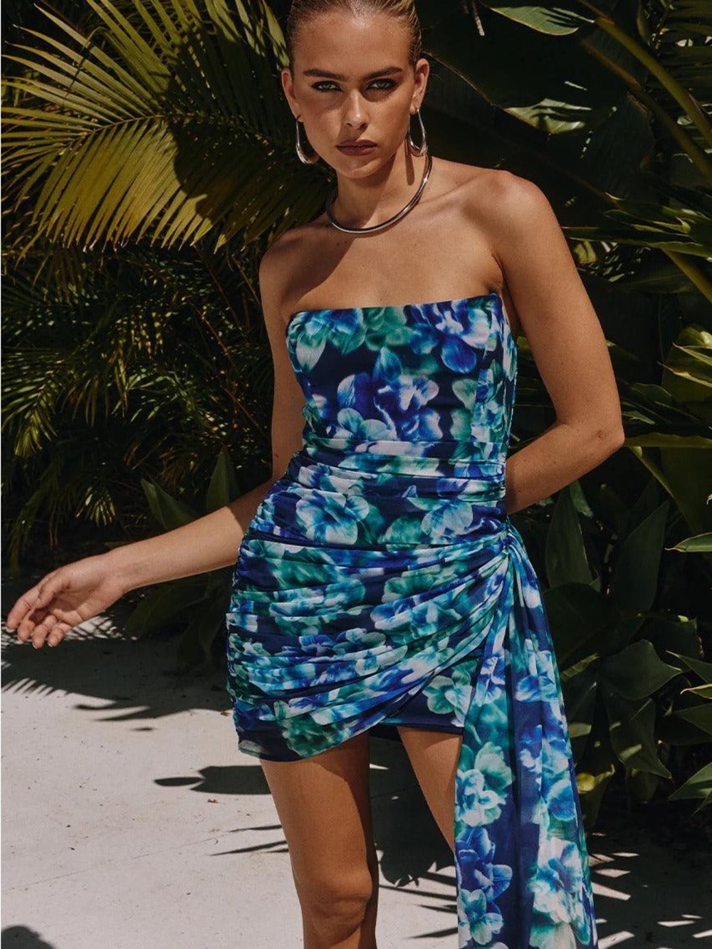Strapless Blue Floral Mini Dress